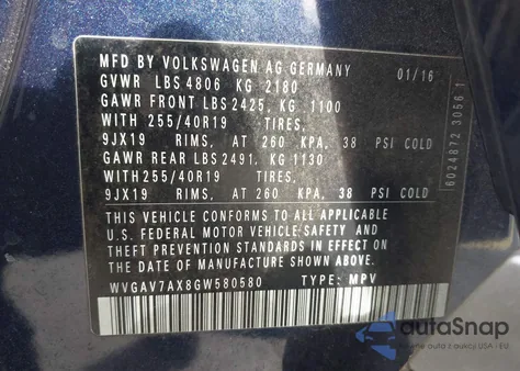 2016 Volkswagen Tiguan Sel из США, поврежденный, VIN WVGAV7AX8GW580580
